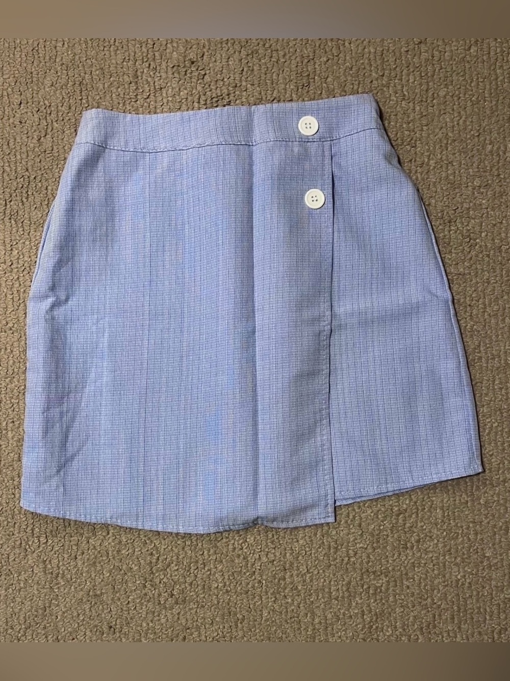 Light Blue Checked/Plaid Button-Front Mini Skirt